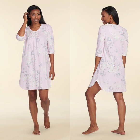 Miss Elaine Cottonessa Short Nightgown 3/4 Sleeve Botanical Pattern Pink NWT M - Picture 2 of 13